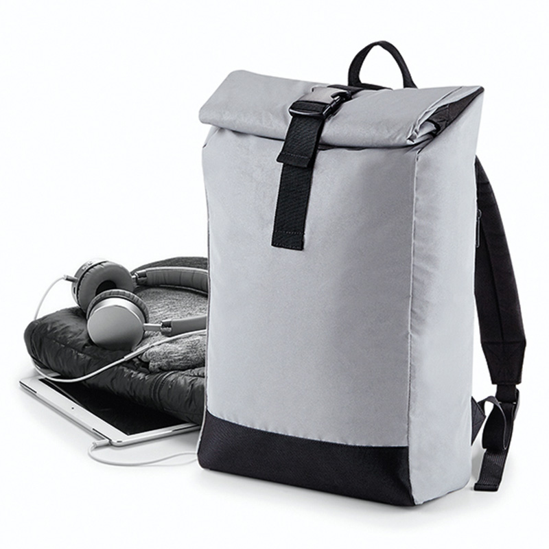 reflective roll top backpack silver