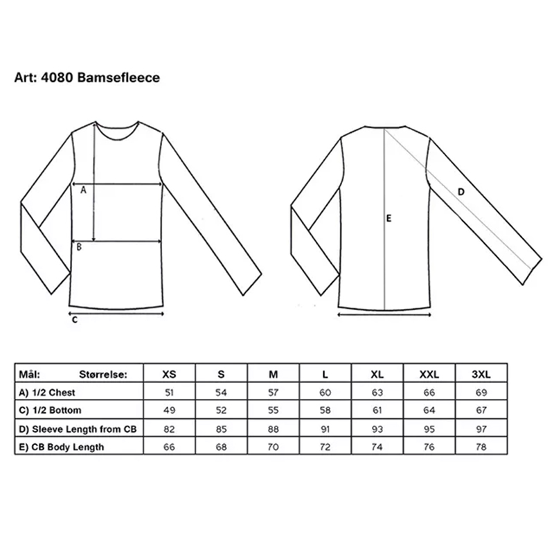 bamsefleece storleksguide