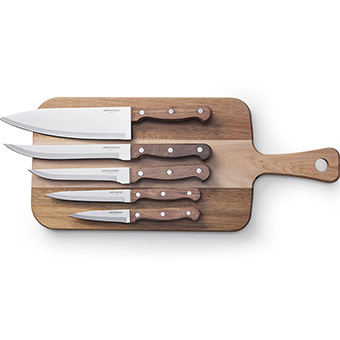 Jernverket knivset i rosenträ med skärbräda 